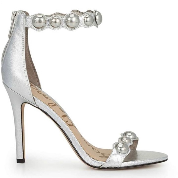 Sam Edelmen Addison Embellished Ankle Strap Sandal Stiletto Heel Metallic Silver - Picture 4 of 16